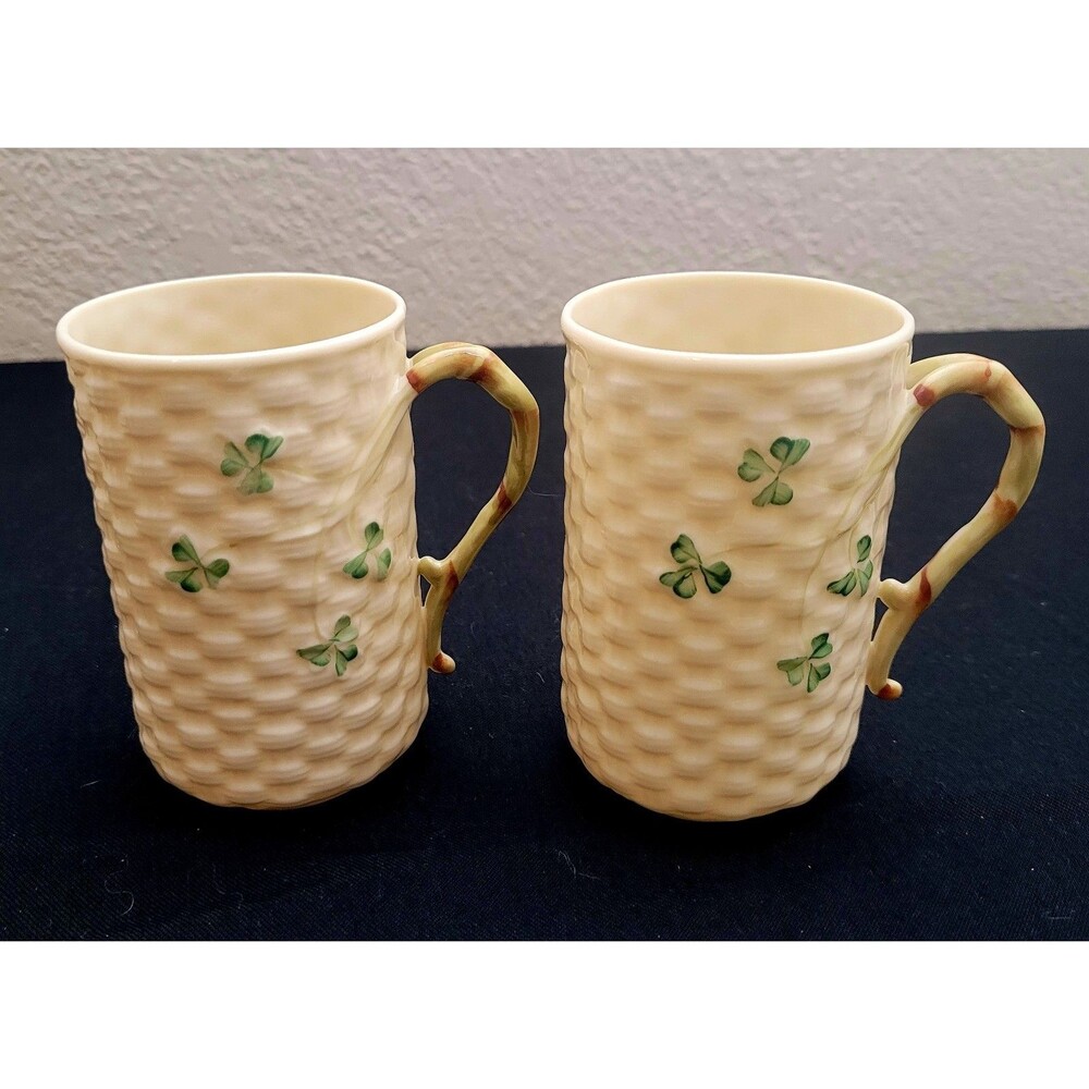 PAIR Vintage BELLEEK Shamrock Basketweave Cup Irish Coffee Tea Ireland Set Of 2